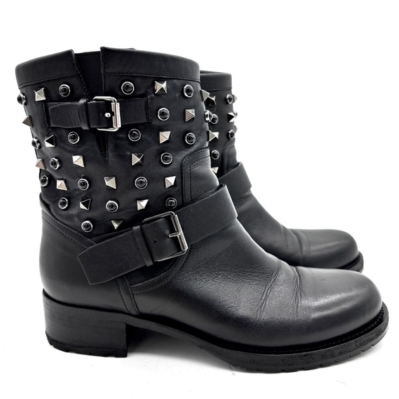 Valentino Garavani Shoes - Valentino Garavani Rockstud Black Leather Biker Ankle Boots